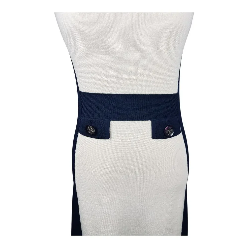 Tory Burch Cream Navy Colorblock Knit Dress Medallion Buttons Sleeveless S